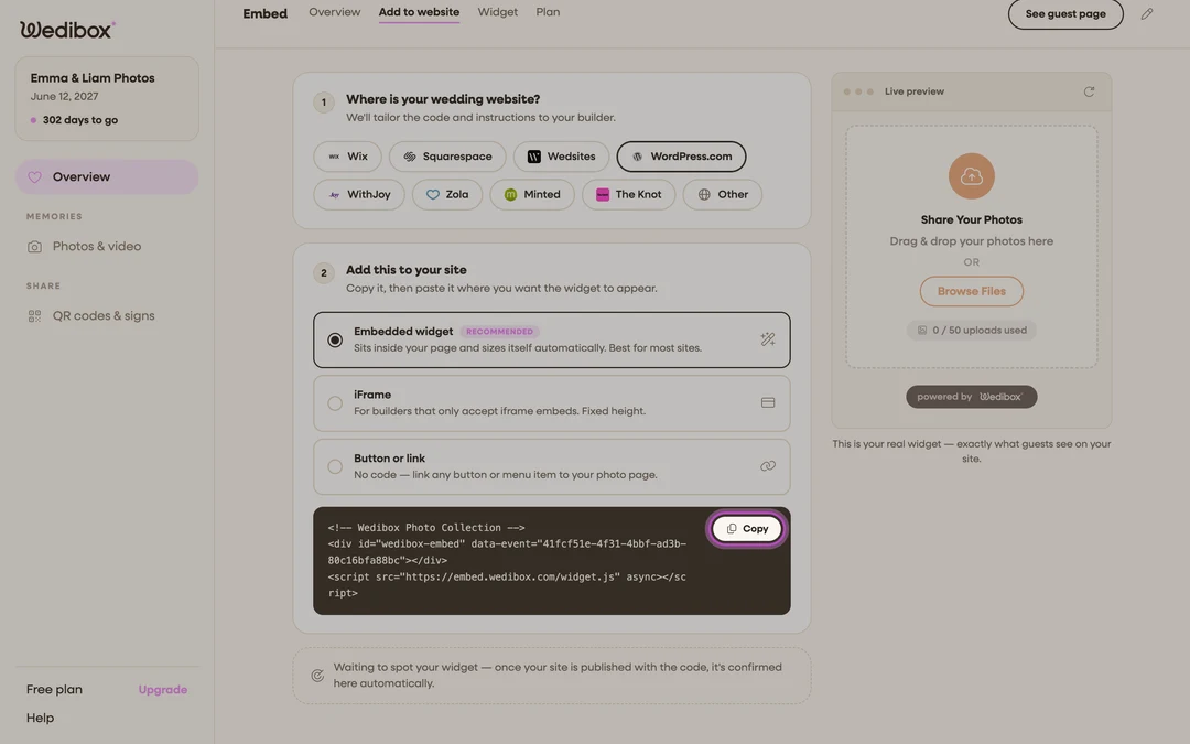 the code step with the snippet and Copy button highlighted