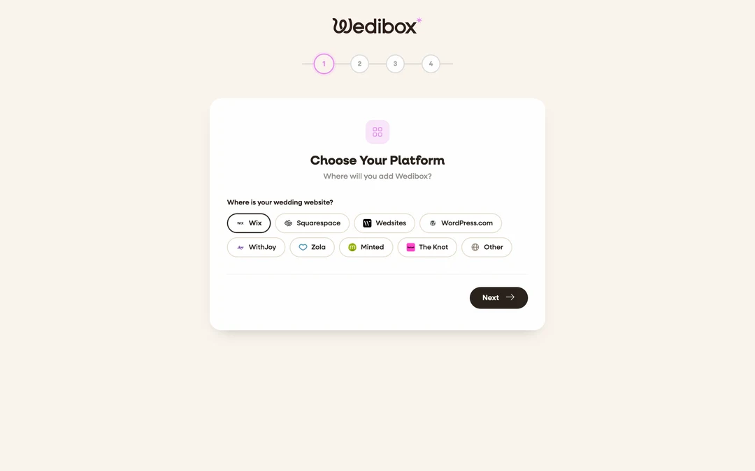 the embed setup wizard on the Choose Your Platform step, with the step progress dots visible