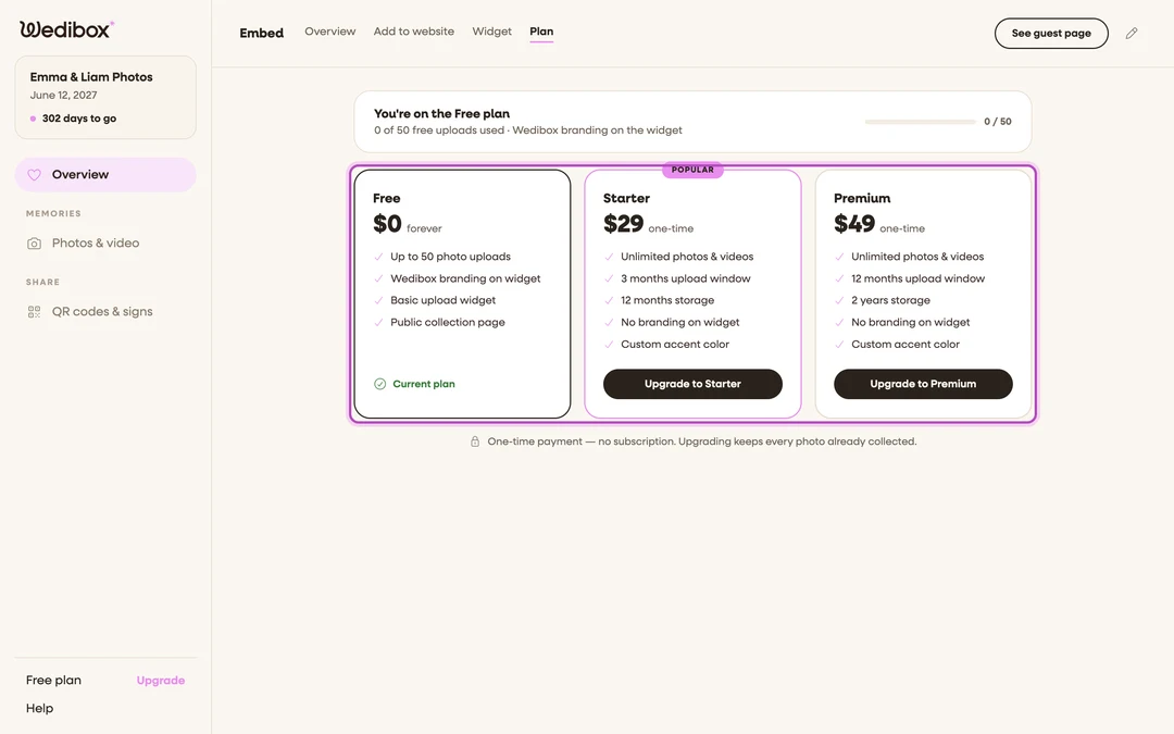 the Plan tab with the three plan tiles, Starter marked “Popular”