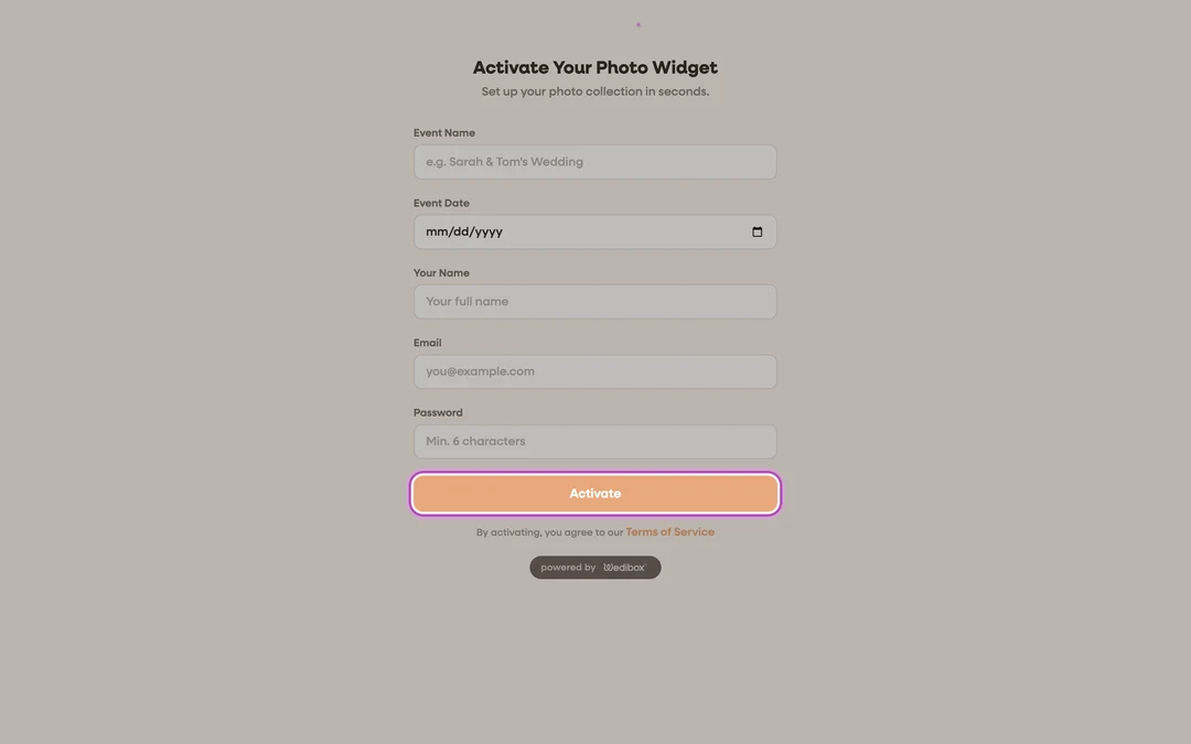 the in-widget Activate Your Photo Widget form with the Activate button