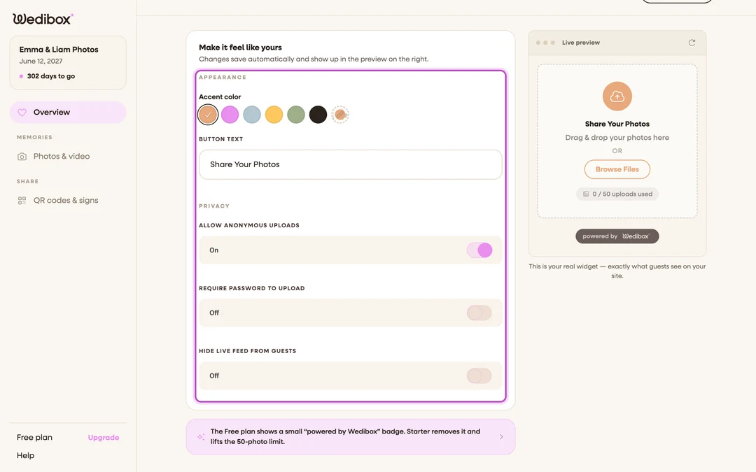 the Widget tab panel showing the accent swatches, Button text, and the Privacy toggles