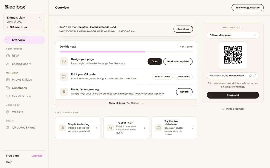 the full Overview page, annotated: banner, checklist, QR rail, sidebar
