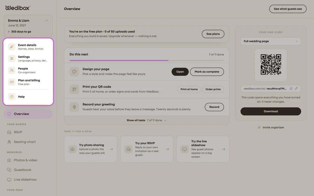 the sidebar with the event menu open