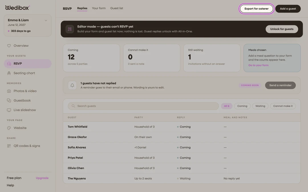 the Replies tab header with Export for caterer highlighted