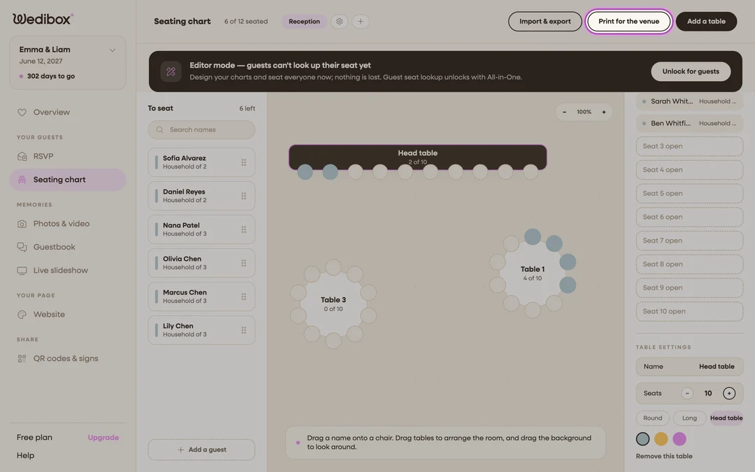the seating page header with Print for the venue highlighted