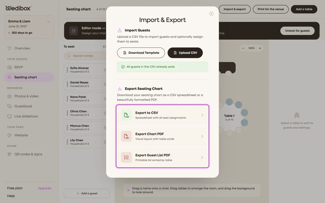 the Export Seating Chart section showing all three export cards