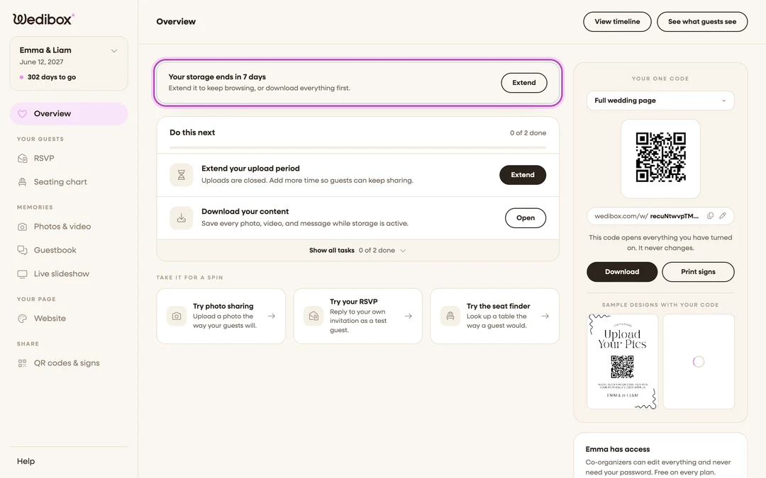 the Overview banner in the “storage ending” state with the Extend button highlighted