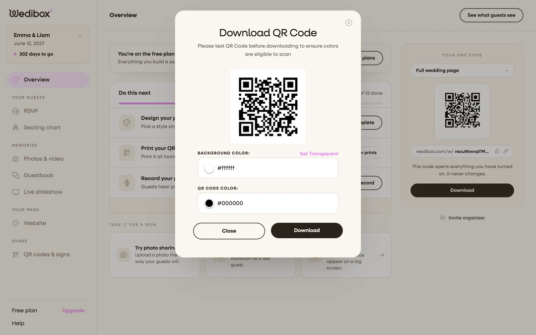 the Download QR Code popup with the code preview and color options