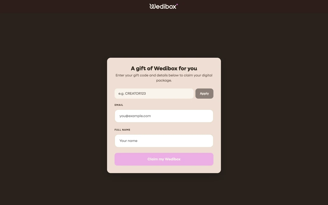 the gift page with the code field, email, name, and the claim button visible