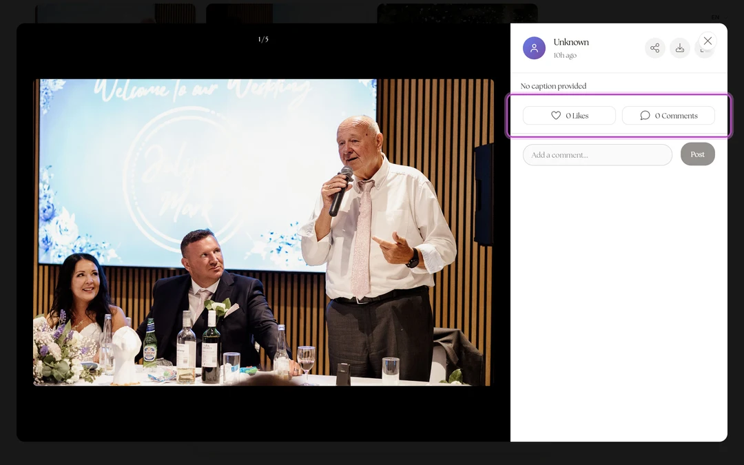 the photo detail view with the like button, comment button, and download icon highlighted