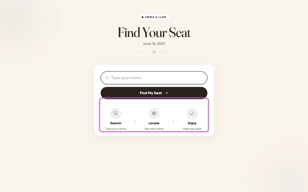 the seat-lookup page with the search box and the Search → Locate → Enjoy strip