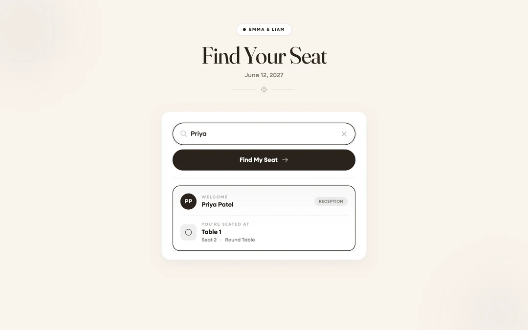 a result card showing “You’re seated at” with a table name and seat number