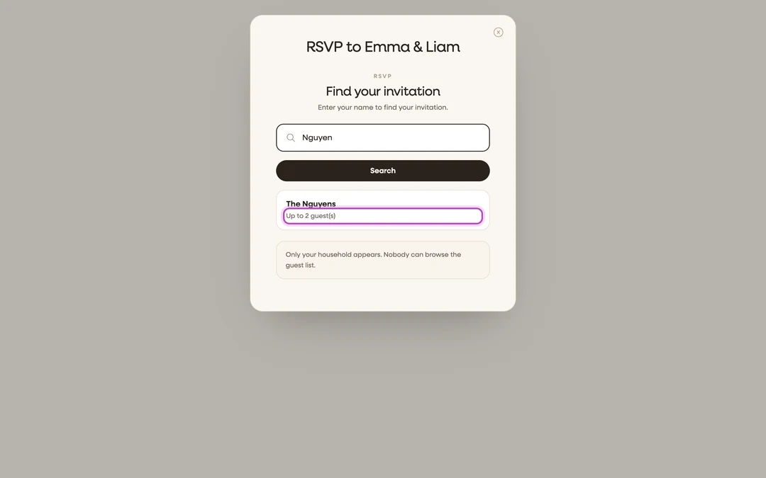 the Find your invitation step with a search result showing “Up to 2 guest(s)”