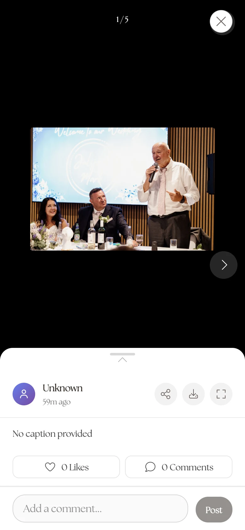 the guest photo detail view with the like and comment buttons highlighted