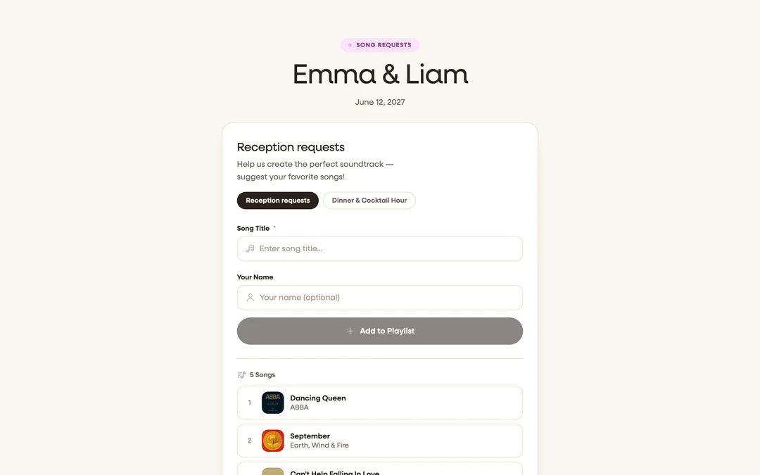the guest playlist page with the song form and playlist tabs visible