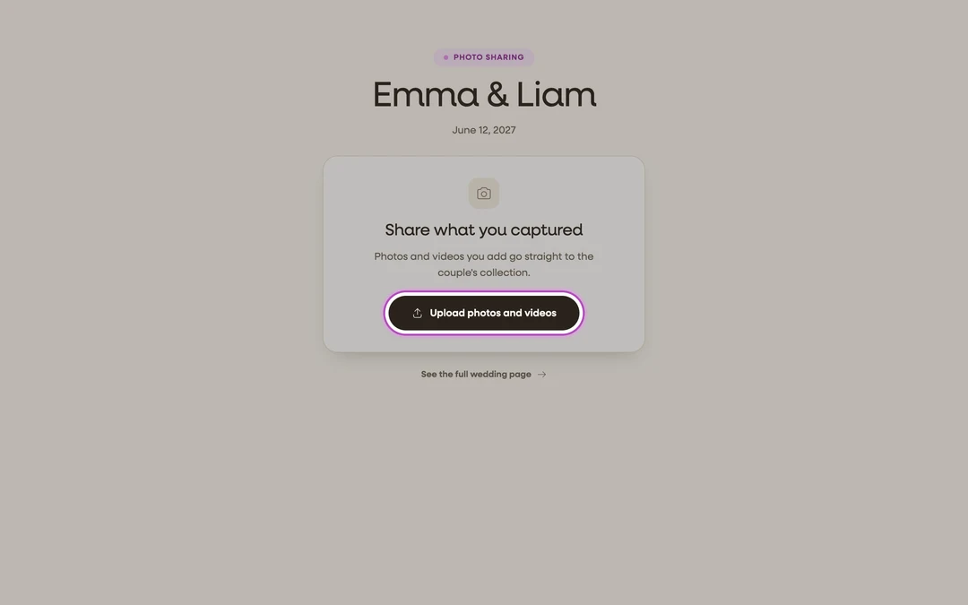 the guest share page with the Upload photos and videos button highlighted
