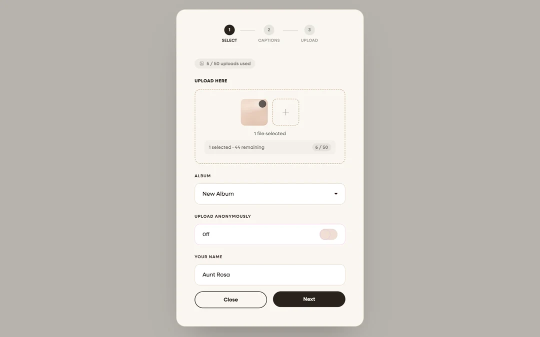 the upload form with Your Name filled in
