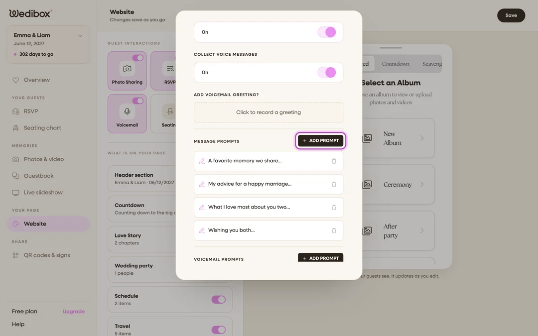 the MESSAGE PROMPTS list with the ADD PROMPT button highlighted