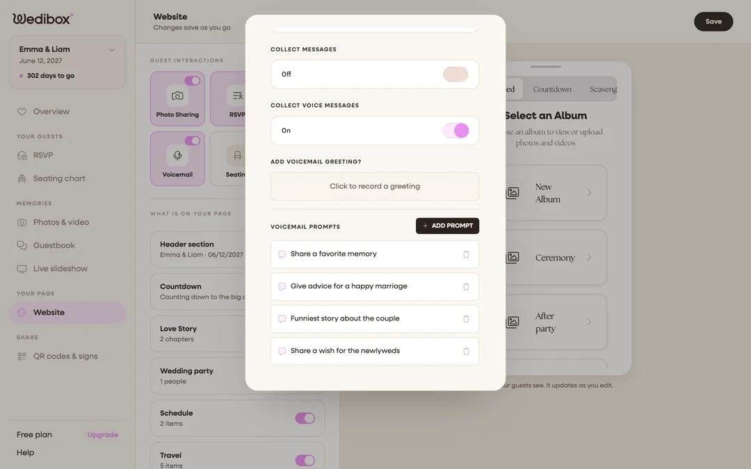 the VOICEMAIL PROMPTS list with two or three prompts filled in