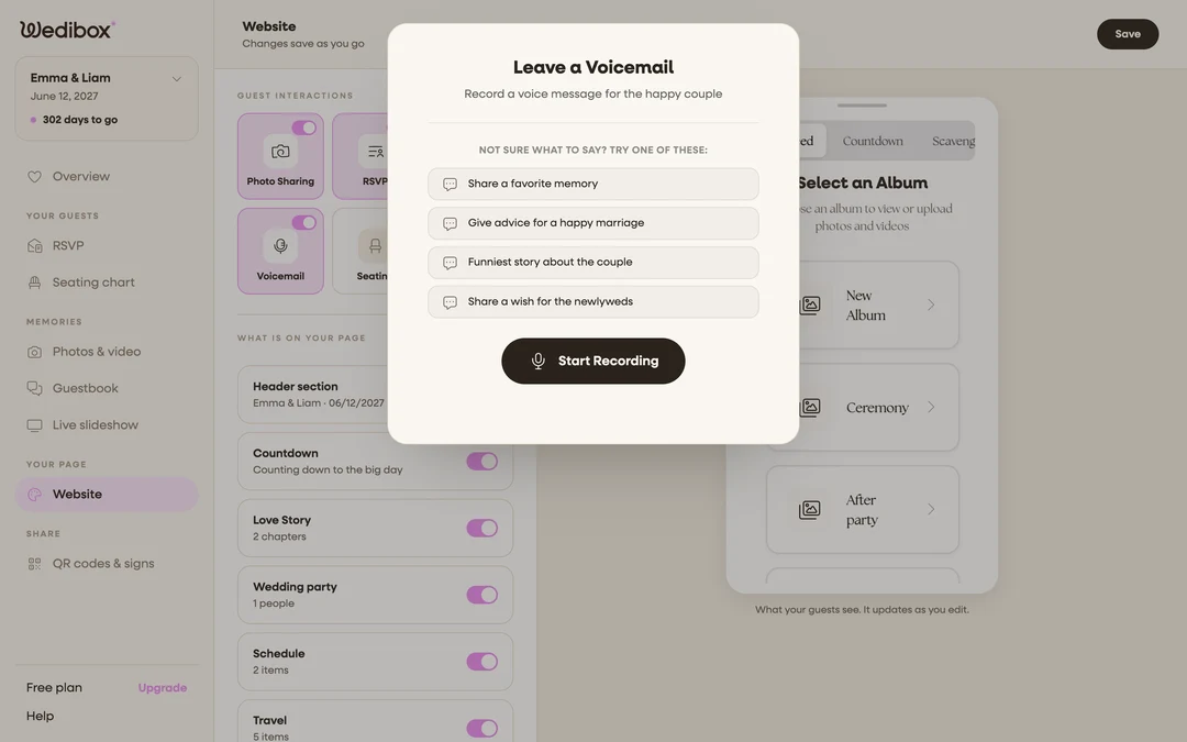 the guest-side voicemail popup with the custom prompt list visible