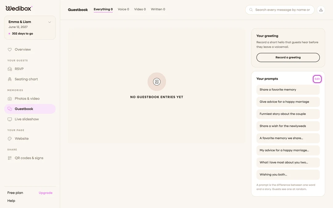 the Guestbook sidebar’s Your prompts card with the Edit link highlighted