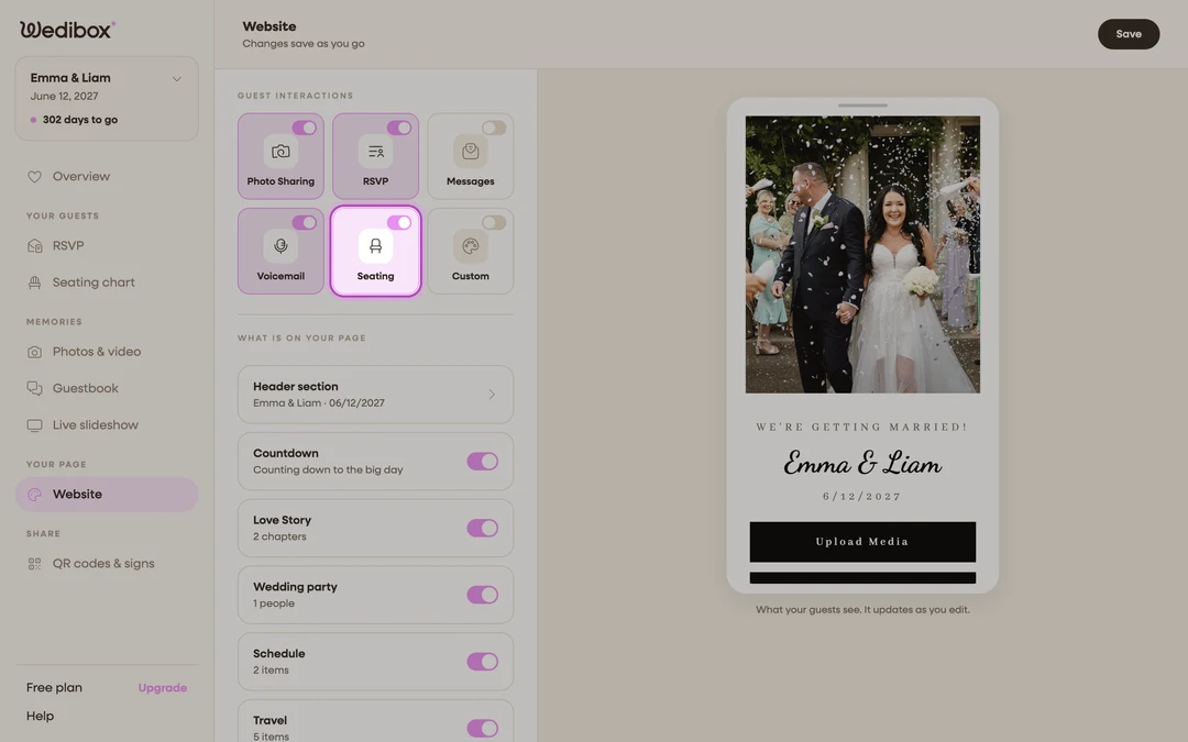 the Guest Interactions grid with the Seating tile switch on