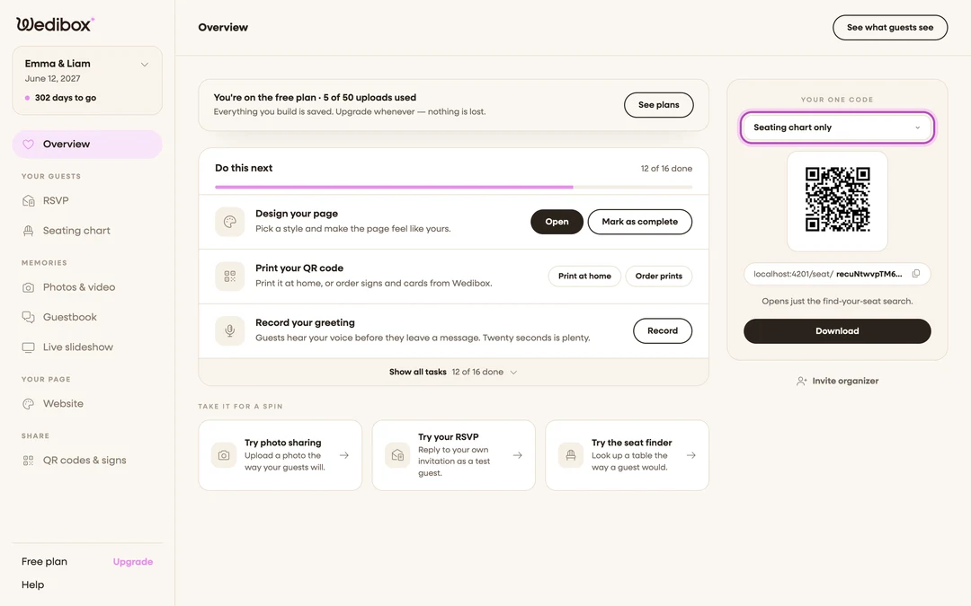 the Overview QR card with Seating chart only selected in the dropdown