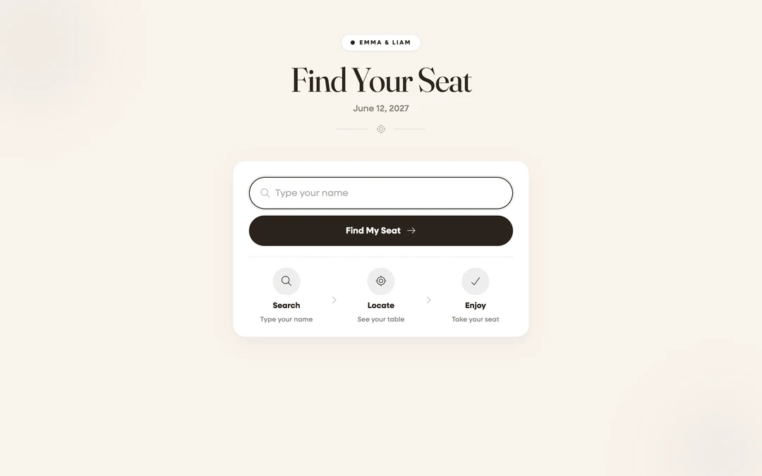 the standalone seat page on a phone with its Search → Locate → Enjoy steps visible