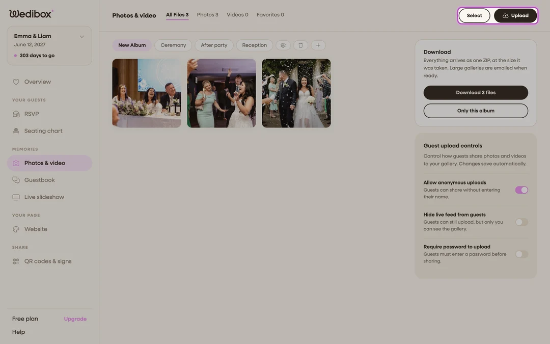 the page header with the Upload button highlighted