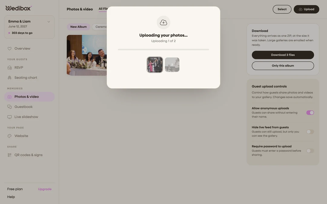 the uploading step with the per-file progress thumbnails
