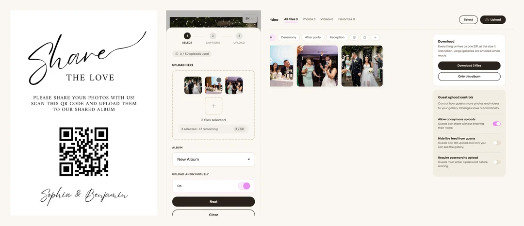 the three-step flow: a table sign with the QR code, the guest upload screen, and the host gallery