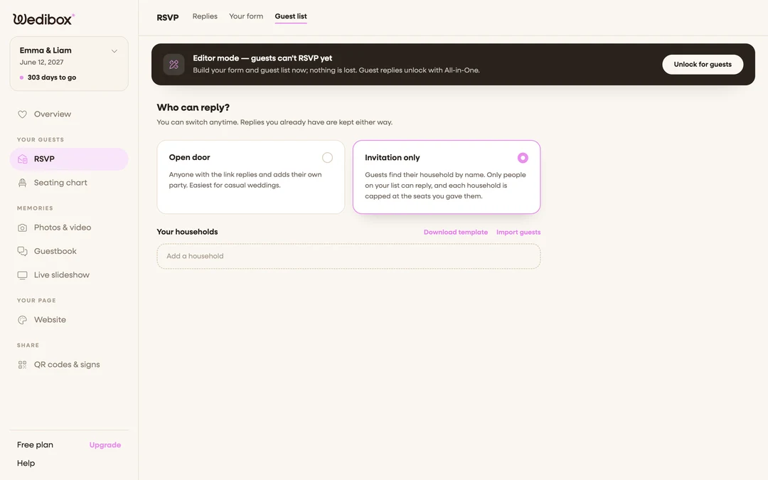 the Guest list tab with Invitation only selected and the “Your households” area visible