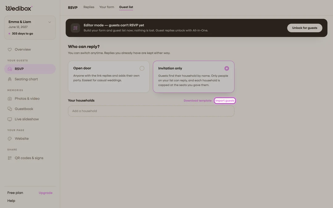 the “Your households” header with Import guests highlighted