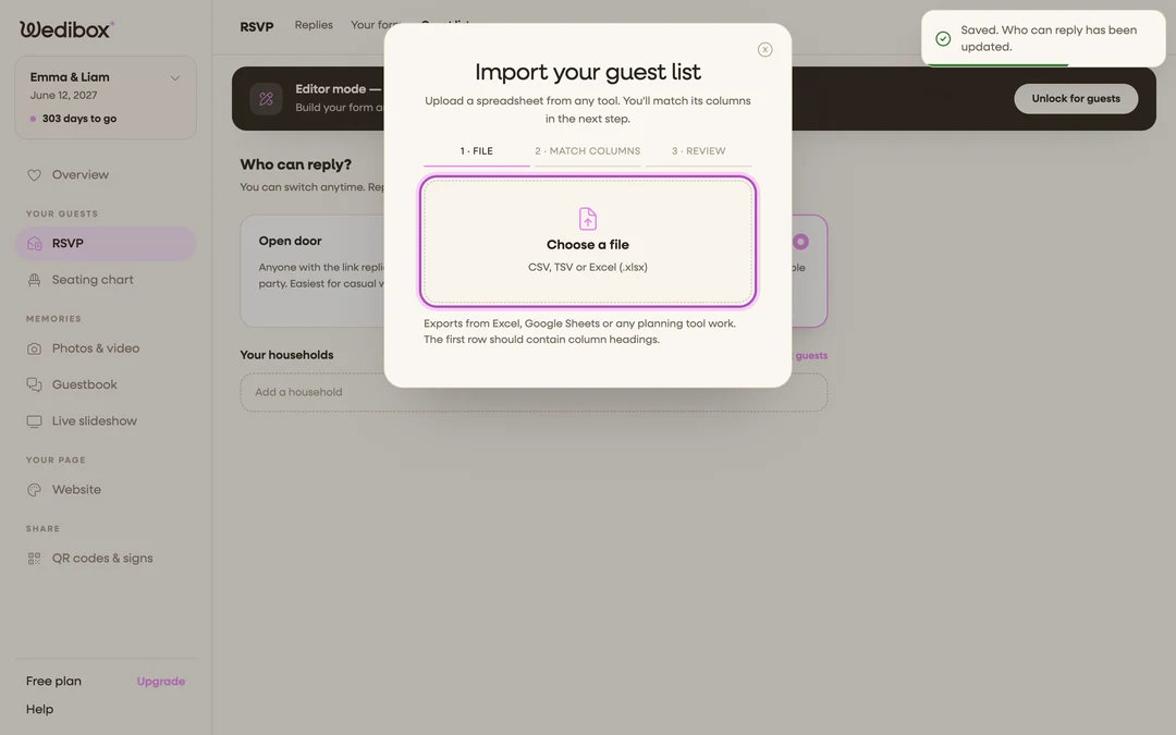 step 1 of the import window with the dashed “Choose a file” area