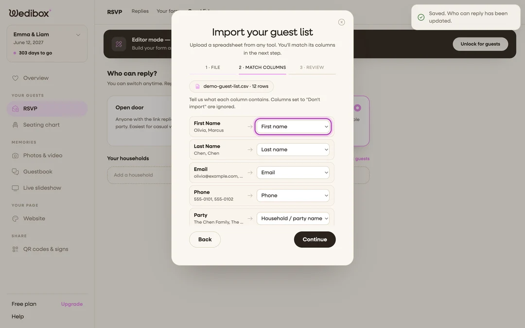 step 2 with a few columns matched, one dropdown open showing the field choices