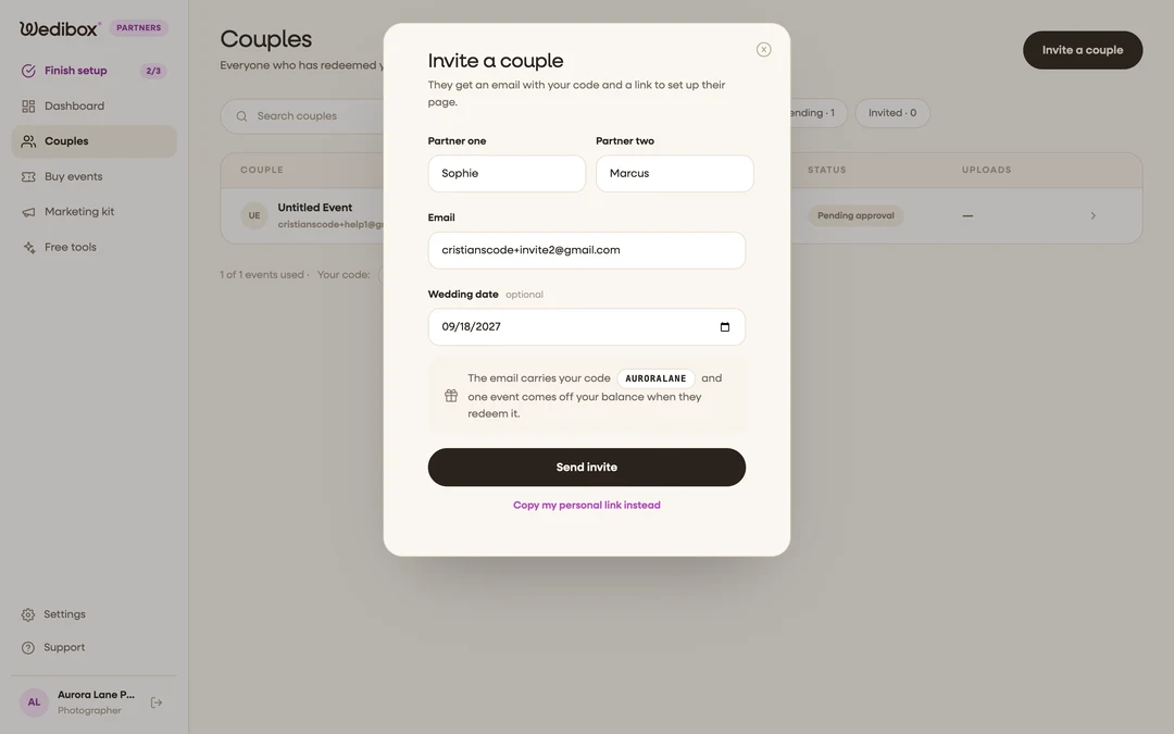 the “Invite a couple” popup filled in, with the Send invite button visible