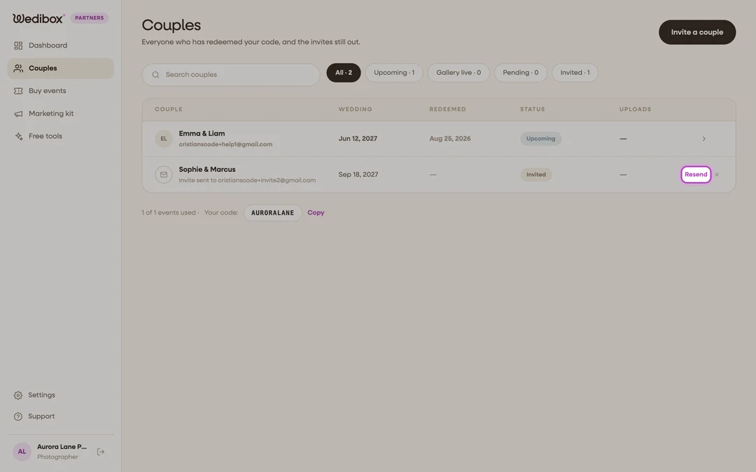 the Couples table with an Invited row and its Resend action highlighted