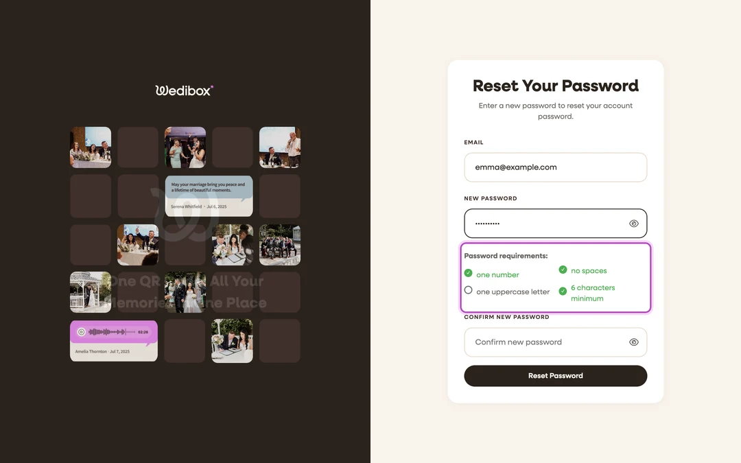 the reset screen with the password-requirements checklist ticking off rules as you type