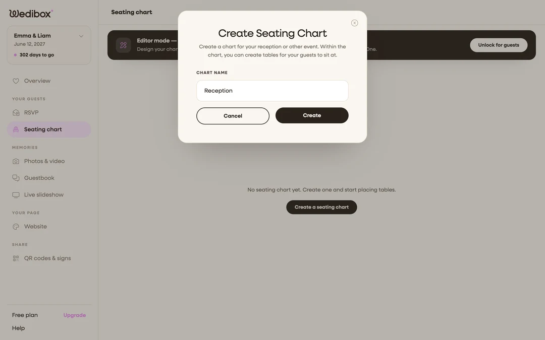 the Create Seating Chart popup with the CHART NAME field filled in