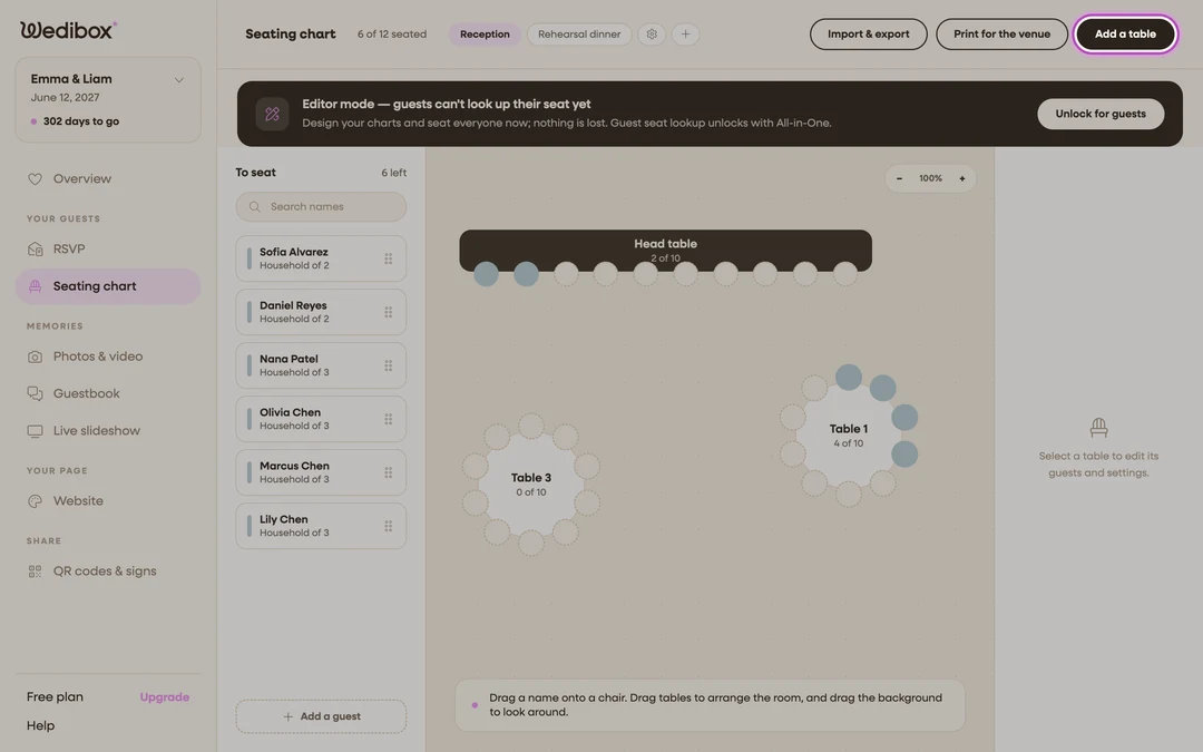 the canvas with tables placed and the Add a table button highlighted