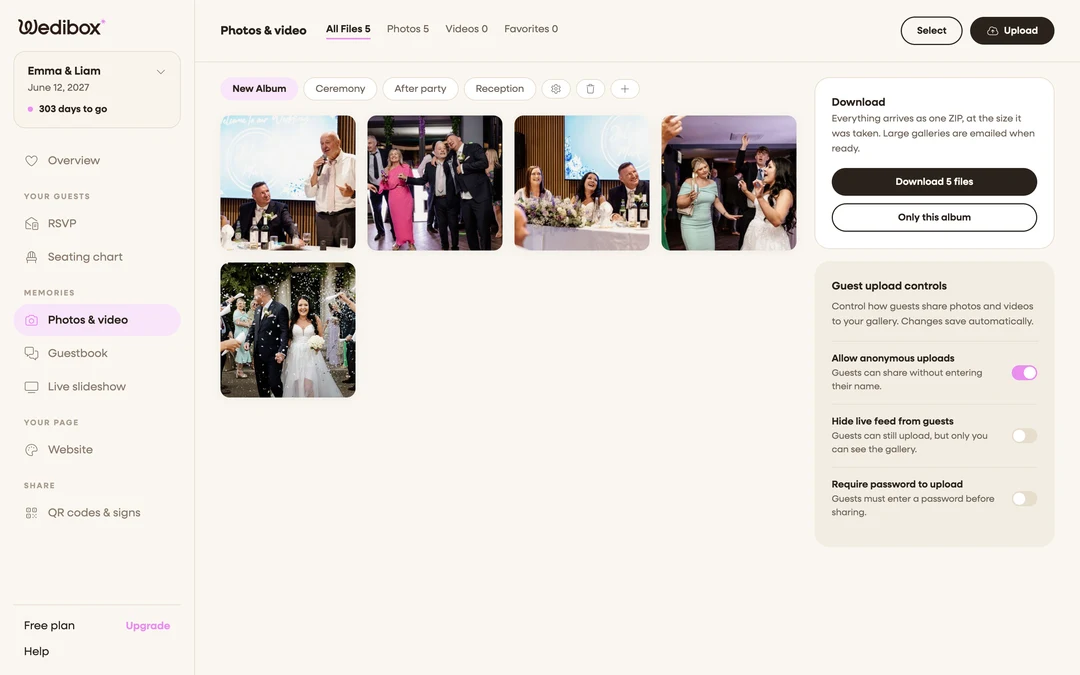 the full Photos & video page: header tabs, album pills, gallery grid, sidebar cards