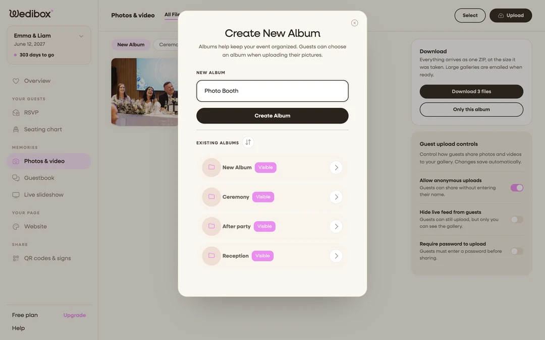 the Create New Album popup with the name field and Create Album button