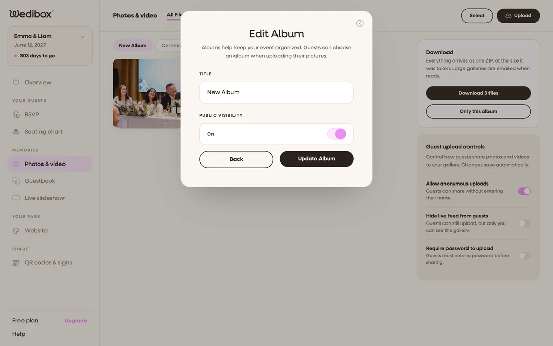 the Edit Album popup with PUBLIC VISIBILITY and Update Album highlighted