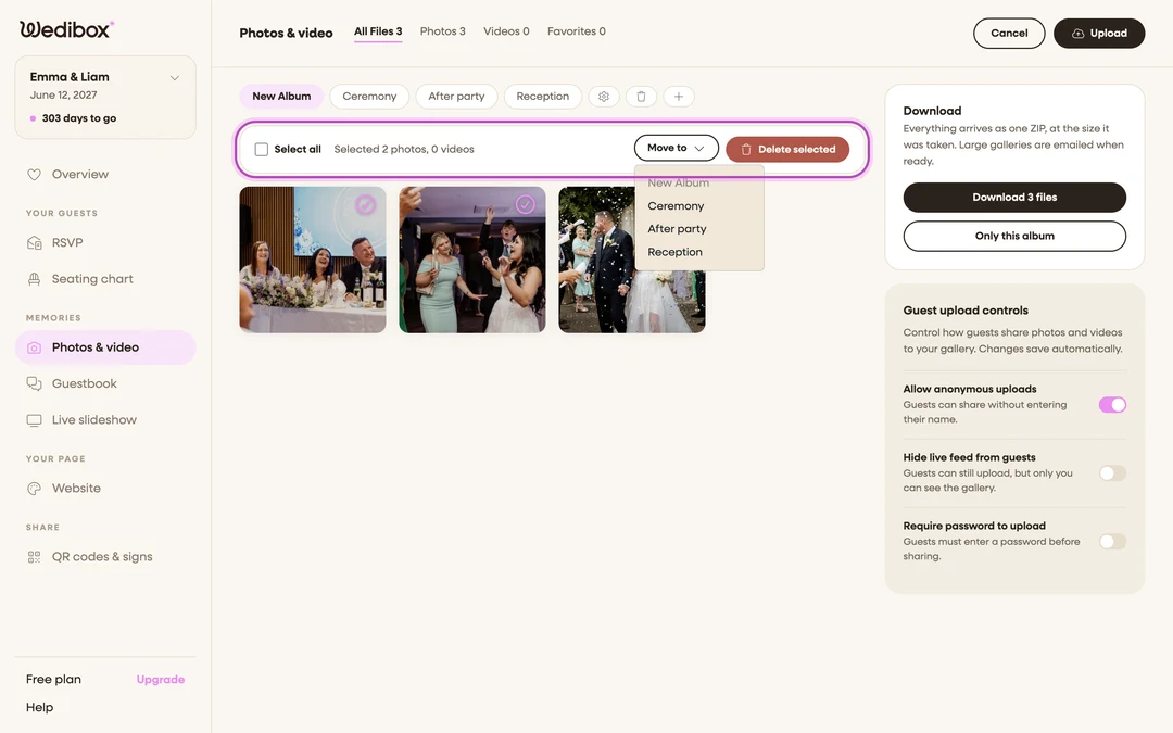 select mode with photos checked and the Move to dropdown open