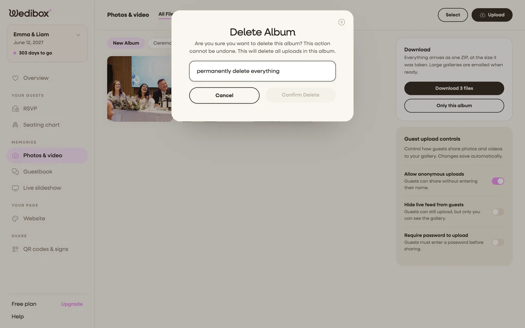 the Delete Album popup with the typed-confirmation field