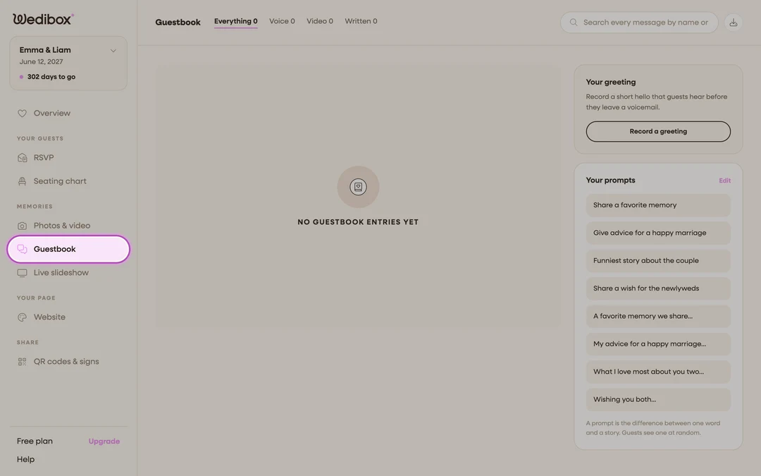 the event sidebar with Guestbook highlighted