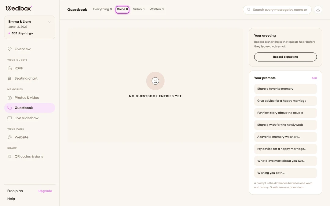 the Guestbook header with the Voice tab active and its count visible