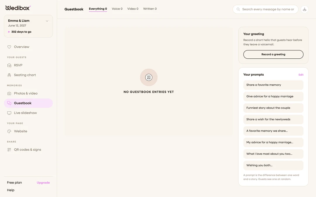 the Guestbook sidebar showing the Your greeting and Your prompts cards