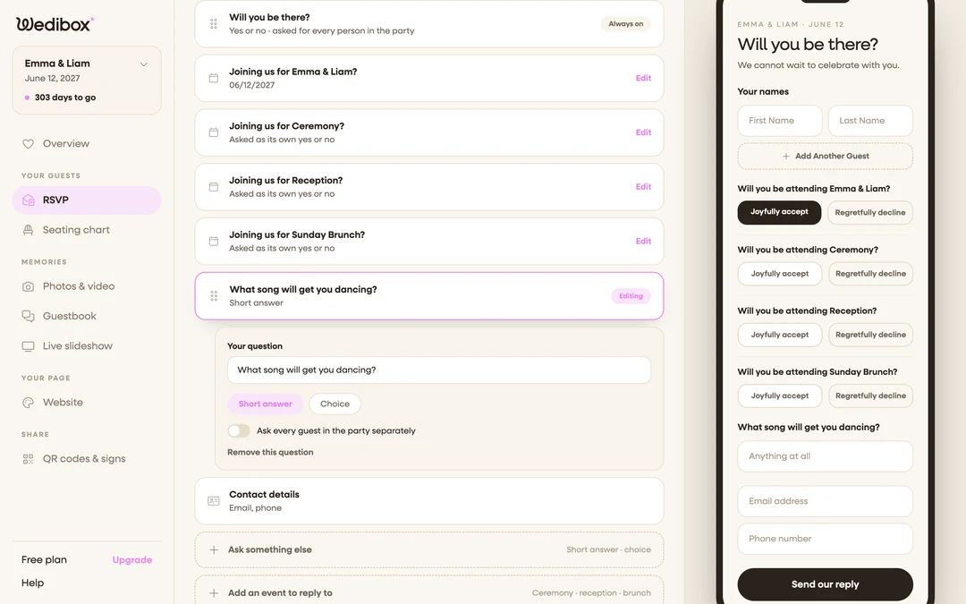 the form builder with several event cards listed