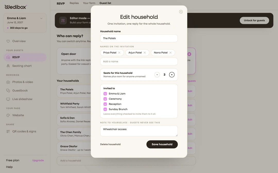 the household editor’s Invited to list with only “Reception” ticked